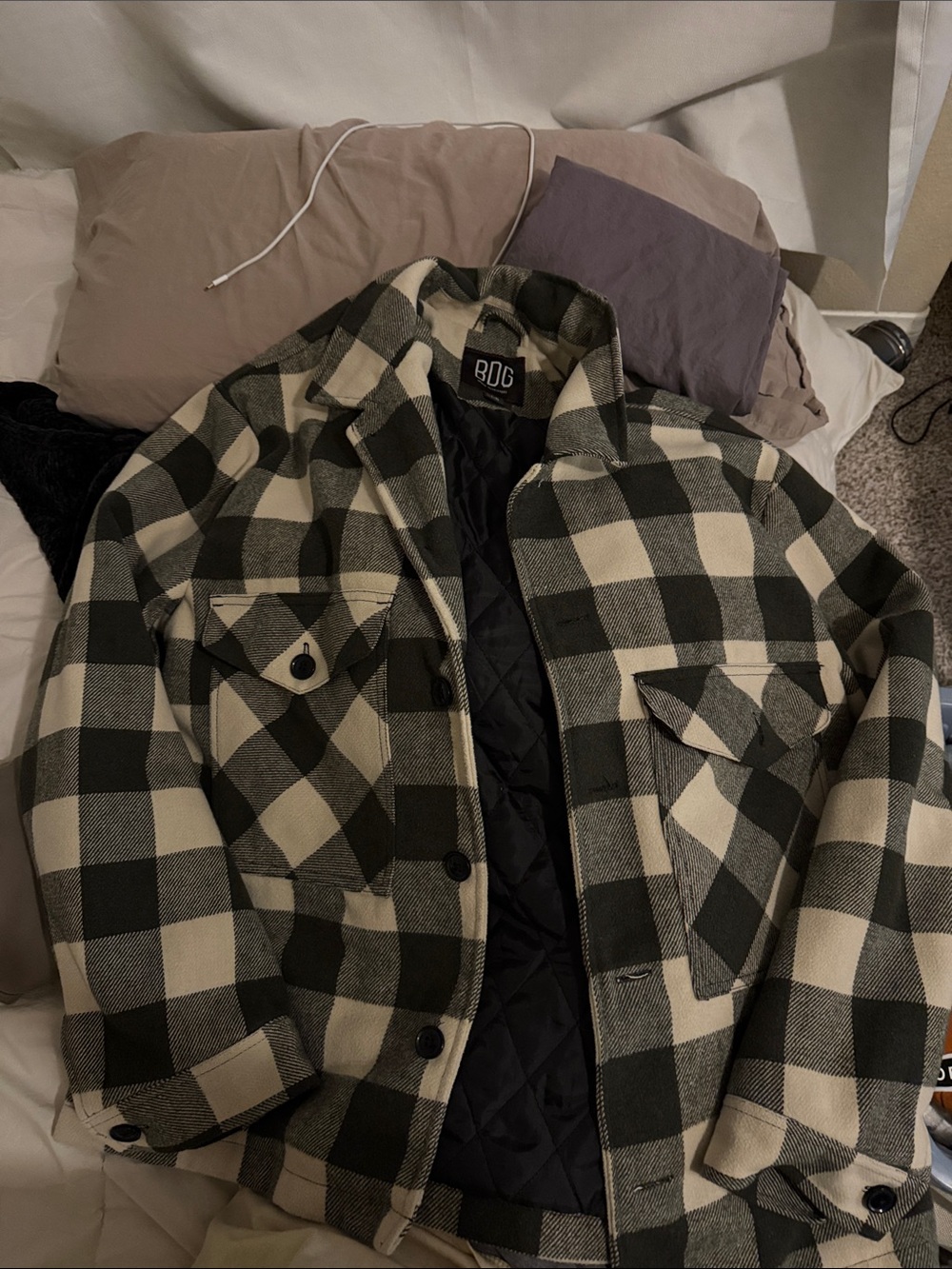 BDG Black and Cream Plaid Quilted Field Shirt Jacket